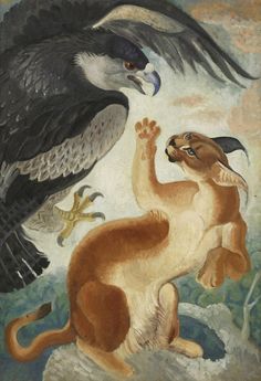 an animal and bird are depicted in this painting