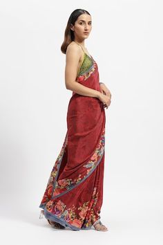 Red saree with printed rose bloom and garden motifs. Comes with running blouse piece. - Aza Fashions Festive Red Pre-draped Saree With Printed Motifs, Red Pre-draped Saree With Printed Motifs, Silk Pre-draped Printed Saree, Red Silk Saree With Floral Print, Bohemian Red Pre-draped Saree For Navratri, Festive Red Blouse Piece With Printed Motifs, Traditional Printed Pre-draped Saree, Red Saree With Printed Motifs For Wedding, Red Wedding Saree With Printed Motifs