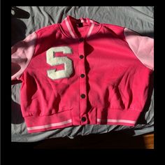 Brand New Never Worn Light Pink And Fuchsia Letterman Crop Jacket. Pink Varsity Long Sleeve Outerwear, Pink Winter Varsity Jacket, Pink Long Sleeve Varsity Jacket For Winter, Pink Long Sleeve Varsity Outerwear, Pink Casual Varsity Jacket With Long Sleeves, Casual Pink Varsity Jacket, Pink Sporty Long Sleeve Outerwear, Sporty Pink Outerwear For College, Casual Pink Long Sleeve Varsity Jacket