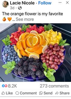 a plate full of fruit and vegetables on top of a stove with the caption, i like orange flower is my favorite see more