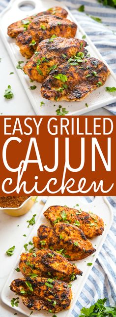 easy grilled cajun chicken on a platter with garnish and parsley