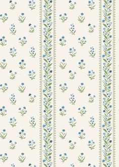 a wallpaper with blue flowers and green leaves on white background, which is vertically striped