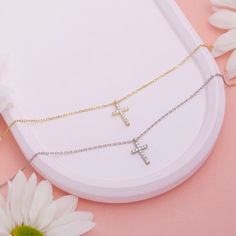 "♥♥ Handmade with love  ♥♥ ♥♥WHY YOU WILL LIKE THIS PRODUCT♥♥ * This necklace has a simple and elegant design. Wear this Diamond Cross Necklace and get all the attention. * It is a product that will satisfy women of all ages. This item is an ideal gift for you and your loved ones. MATERIALS * Material: 14K Solid Gold, 14K White Gold, 14K Rose Gold * Finish: Silver, Gold Plated, Rose Gold Plated * Chain color: Silver, Gold, Rose Gold * Chain Lengths: \"12+2 inch - 30+5 cm, \"14+2 inch - 35+5 cm, Elegant White Cross Necklace With Adjustable Chain, Silver Dainty Jewelry For Baptism, Sterling Silver White Necklace For Baptism, Dainty Silver Jewelry For Baptism, White Sterling Silver Necklace For Baptism, Dainty White Jewelry For Baptism, Elegant Cross Necklace For Baptism, Silver Necklace For Baptism And Mother's Day, Elegant White Cross Necklace For Wedding