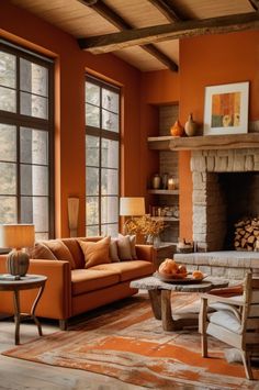 an orange living room with two couches and a fire place in the center area