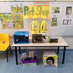 there is a table that has some animals on it and two cats in the boxes