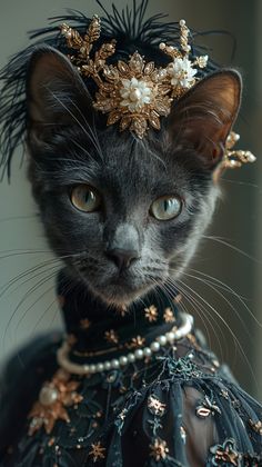 a black cat wearing a tiara and pearls