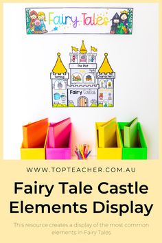 the fairy tale castle elements display is displayed in front of a white wall with colorful bins