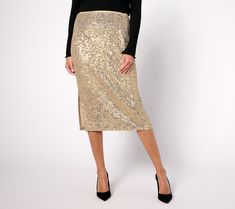 Shimmer and shine as you dance the night away in this pencil skirt. You'll look oh-so elegant when you wear this sequined stunner to that special event on your social calendar. From Susan Graver. Chic Sequined Pencil Skirt For Night Out, Chic Pencil Skirt For Party Season, Glamorous Pencil Skirt For Party Season, Glamorous Stretch Skirt With Sequins, Evening Glitter Skirt For Party Season, Elegant Sequined Bottoms For Holiday Party, Spring Fitted Sequin Pencil Skirt, Fitted Sequin Pencil Skirt For Spring, Fitted Sequin Pencil Skirt