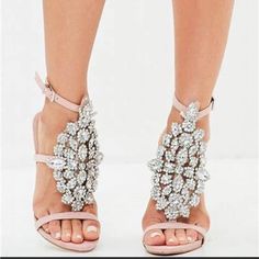 Gorgeous Bling Heels! Baby Pink Suede 3.5” Heel Brand New Never Worn Glamorous Embellished Shoe Clips For Prom, Silver Open Toe Heels, Bling Heels, Clear High Heels, Halloween Shoes, Stilettos Heels, Crystal Heels, Embellished Heels, Bridal Sandals