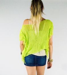 Short Sleeve Knit Sweater Shirt in Neon Green, Thin Knit Sweater Off one Shoulder Hippie Crop Top, Casual Boho Clothing for Women, by myAqua Festival Clothing Women, Green Sweater Dress, Festival Outfits Women, Boho Style Outfits, Festival Clothing