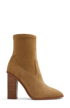 A stretchy shaft adds modern appeal and comfortable wear to a cushioned bootie framed by an almond toe and stacked block heel. 5 1/2" shaft 4" heel Side zip closure Cushioned footbed Leather and textile upper/recycled polyester, textile and synthetic lining/synthetic sole Imported Beige Fitted Stacked Heel Boots, Heeled Boots With 4-inch Block Heel In Medium Width, Beige Heeled Boots With Stacked Heel Medium Width, Boots With 4-inch Block Heel And Medium Width, Fitted Heeled Boots With 4-inch Block Heel, Fitted Block Heeled Boots With 4-inch Heel, Dark Beige, Bootie, Side Zip