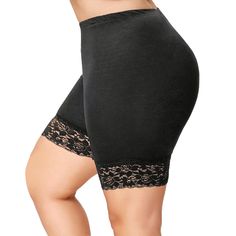 Plus Size Lace Insert Short Leggings - Deep Gray - 3E31589355 - Original Design-Women's Clothing  #OriginalDesignWomensClothing #Original #DesignWomen's #Clothing Black Stretch Bottoms With Contrast Lace, Thigh High Stretch Bottoms With Lace Trim, High Waist Stretch Pants With Lace Trim, Stretch Mid-thigh Length Bottoms With Lace Trim, Stretch Lace Trim Mid-thigh Bottoms, Stretch Mid-thigh Bottoms With Lace Trim, Ladies Trousers, High Waist Short, Lace Pants