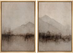 two paintings with mountains in the background, one is gray and the other is brown