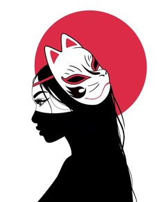 a woman with a cat mask on her head and red sun in the background,