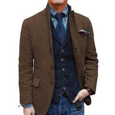 Category:Blazer; Season:Fall  Winter; Fabric:Tweed; Sleeve Length:Long Sleeve; Look After Me:Machine wash; Gender:Men's; Style:Retro Vintage; Elasticity:Micro-elastic; Occasion:Daily,Office; Outerwear Length:Regular; Fit Type:Plus Size; Pattern:Herringbone; Design:Basic; Neckline:Notch Collar; Outerwear Type:Tweed Blazer; Listing Date:11/14/2023; Bust:; Length:; Shoulder Width:; Sleeve:; Jacket Buttons:Single Breasted Two-buttons Mens Western Sport Coat With Jeans, Cheap Men's Outerwear With Lapel Collar, Classic Cheap Men's Outerwear, Cheap Men's Formal Blazer, Cheap Men's Business Casual Suits, Luxury Men's Single Breasted Sport Coat, Affordable Single Button Men's Blazer, Men's Billy Reid Shawl Collar Pullover Herringbone, Affordable Single-breasted Formal Outerwear