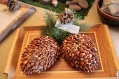 some pine cones are on a wooden tray