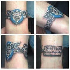 four different tattoos on the arms of people with chains and medical symbols around their ankles