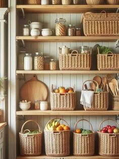 the shelves are filled with baskets and other items for cooking or storage in this kitchen