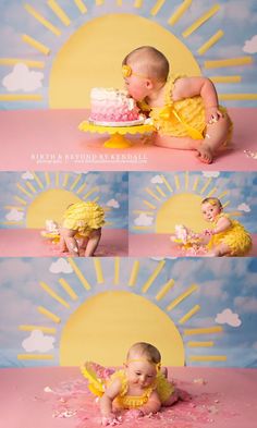 a baby is sitting on the ground with a cake