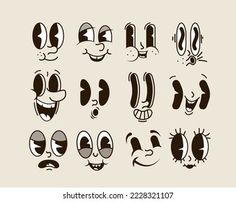 cartoon faces with different expressions and shapes on a white background, set of six images