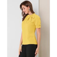 This regular-fit blouse will complement many body types to keep you looking great all day. The soft woven poly shapes a gathered neck, straight-cut silhouette, framed by puffy short sleeves with elastic cuff. Your wardrobe is not complete without this elegant office shirt. Pair it with high-waist pants and heels for an easy chic style. A sweet bow tie detail lends an elegant air to an everyday top. Elegant Office, Tie Neck Tops, The Office Shirts, Fitted Blouses, Plain Tops, Hem Style, Polka Dot Blouse, Chic Woman, Trendy Fashion Women