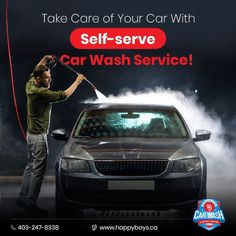 a man is washing his car with a high pressure washer and steam from the hose