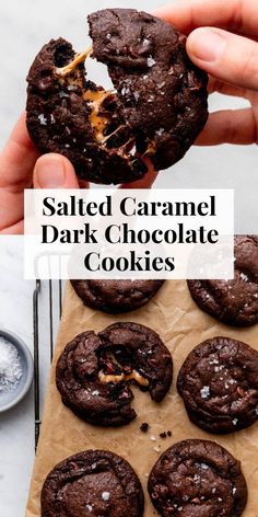 salted caramel dark chocolate cookies on parchment paper with text overlay that reads salted caramel dark chocolate cookies