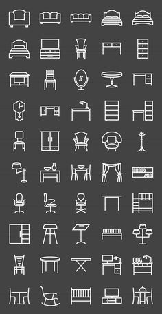 a large set of furniture and bed line icons on a dark gray background with white outline