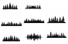 six different silhouettes of trees and mountains with water in the foreground, on a white background