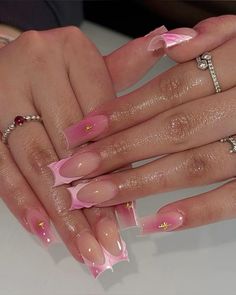 Girly Acrylic Nails Summer, No Charm Nails, Cute Pink Birthday Nails, Baby Pink French Nails, Pink Nails Medium Length, Square Nails Chrome, Nail With Gems, Medium Pink Nails, Pink Pearl Nail