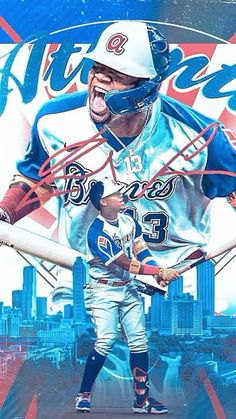 a baseball player holding a bat in front of a cityscape with the word cubs on it