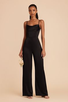 Donna Black Matte Satin Bridesmaid Jumpsuit | Birdy Grey