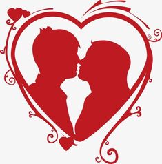 the silhouette of two people kissing in a heart shaped frame with hearts and swirls