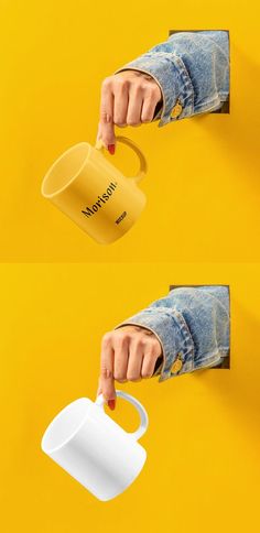 two photos of someone holding a coffee cup in their right hand and the other one is pointing at it