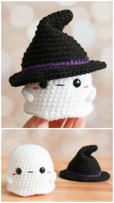 crocheted halloween amigurt ghost with black hat and purple eyes is shown