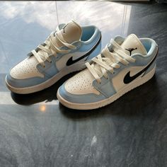 Air Jordan - Nike Jordan 1 Lows Kids Size 4y Color Ice Blue Worn Twice Air Jordans Low, Jordan 1 Low Blue, Jordans Low, Nike Jordan 1 Low, Jordan 1 Lows, Nike Jordan 1, Ice Blue Color, Blue Jordans, Shoes Air