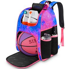 the back pack is filled with items to play basketball