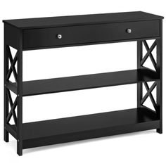 a black wooden shelf with two drawers