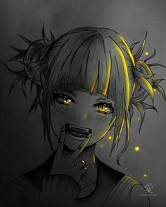 a drawing of a girl with yellow eyes and hair on her head, holding her hand to her face