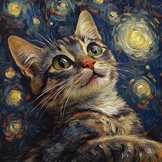 a painting of a cat looking up at the stars