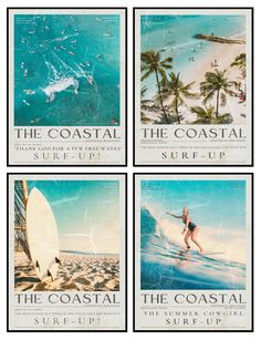 four different posters with surfers in the ocean