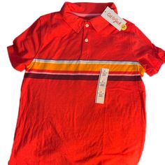 Nwt Red Collared Polo Tee Shirt Two Buttons Orange White Brown Stripe Across The Chest Cat&Jack Size L (10/12) Playful Red Tops For Summer, Playful Red Summer Tops, Red Cotton School T-shirt, Cute Red T-shirt For School, Playful Fitted Red Tops, Playful Red T-shirt For Spring, Fitted Red Tops For Playtime, Playful Red Short Sleeve Shirt, Playful Red Tops For School