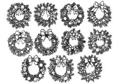 christmas wreaths with bows and bells drawn in black ink on white paper, set of nine