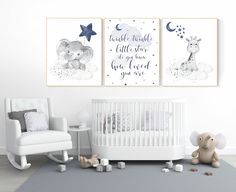 two baby nursery prints with an elephant and giraffe on the wall next to a rocking chair