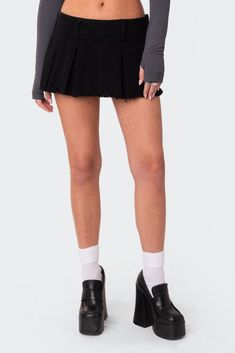 Washed Denim Pleated Micro Skort – edikted Mini Skirts Fashion, Visionary Fashion, Mini Skirt Outfit, Micro Skirt, Swimwear Dress, The Sixties, Cute Socks, Black Mini Skirt, Washed Denim