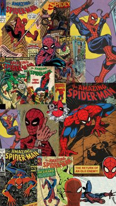 spider - man collage with comic covers in the middle and bottom half, all on one side