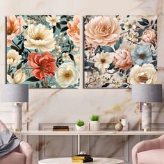 two floral paintings on the wall in a living room