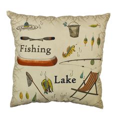 a pillow with fishing related items on it