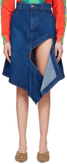 Non-stretch denim skirt. · High-rise · Belt loops · Five-pocket styling · Zip-fly · Cutout-style vent at front · Asymmetric hem · Leather logo patch at back waistband · Contrast stitching in tan Supplier color: Navy Cutout Style, Y Project, Mid Length Skirts, Denim Midi Skirt, Online Shopping Clothes, Asymmetric Hem, Luxury Streetwear, Stretch Denim, Denim Skirt