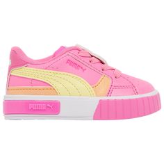 Digital Print Design, Puma Cali, Toddler Girl Shoes, Shades Of Yellow, Sleek Look, Running Sneakers, Leather Lace, Toddler Shoes, Sporty Style